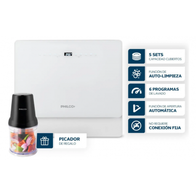 Combo Lavavajillas Philco 5 Cubiertos Blanco + Picador de Alimentos Philco